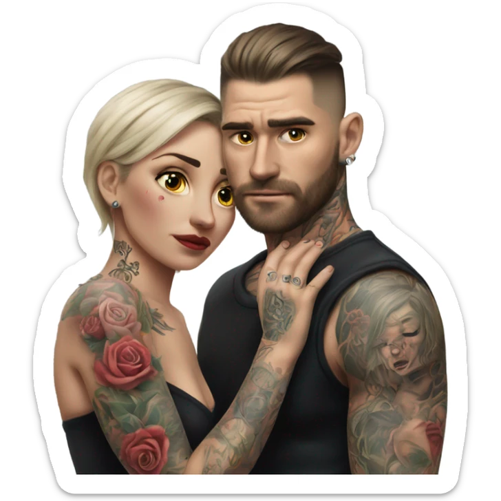 Hyper Realistic Beautiful tattooed woman crying in the arms of a handsome tattooed man  sticker