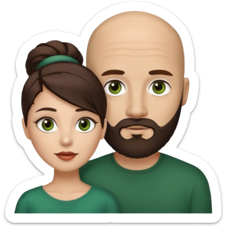 Man beard bald white dark green eyes, woman medium hair brown brown eyed latina, they have different eye color man dark green woman dark brown sticker