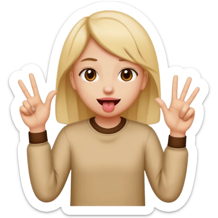 Tongue out with hands to the sides and one hand written 6 other hand with number 7 sticker