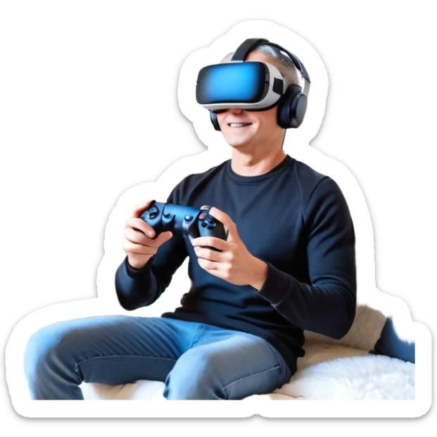 Homme noir, week-end détente, avec casque VR et manette PS 2025, assis dans un salon cosy décor Noël. Père Noël à côté, sourire amical, sapin illuminé, guirlandes et cadeaux au sol. Style réaliste, lumineux, ambiance festive & gaming. sticker