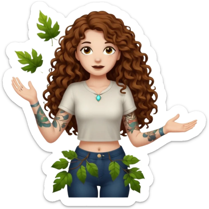 full body view of a woman with long curly brown hair, brown eyes, white skin, tattoos, slow sarcastic clap, glowing leaves falling sticker