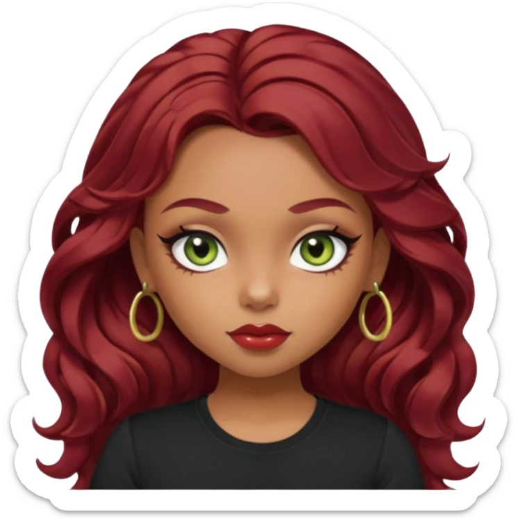 a pretty fair bratz girl with wavy dark red hair, wearing a black tee. eyeliner on, olive green eyes. Till Waist \ sticker