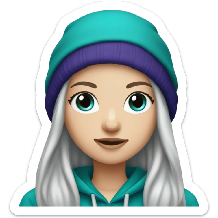 White girl, blue eyes, long teal hair, purple beanie hat, black hoodie sticker
