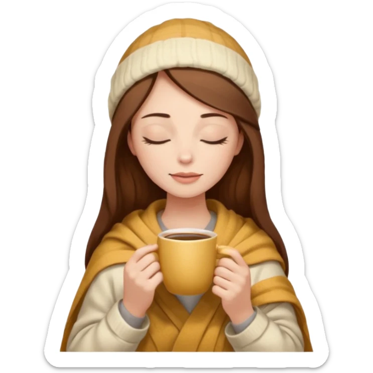 brown hair woman closed eyes with cream blanket on her head, holding cup of coffee, autumn mood sticker