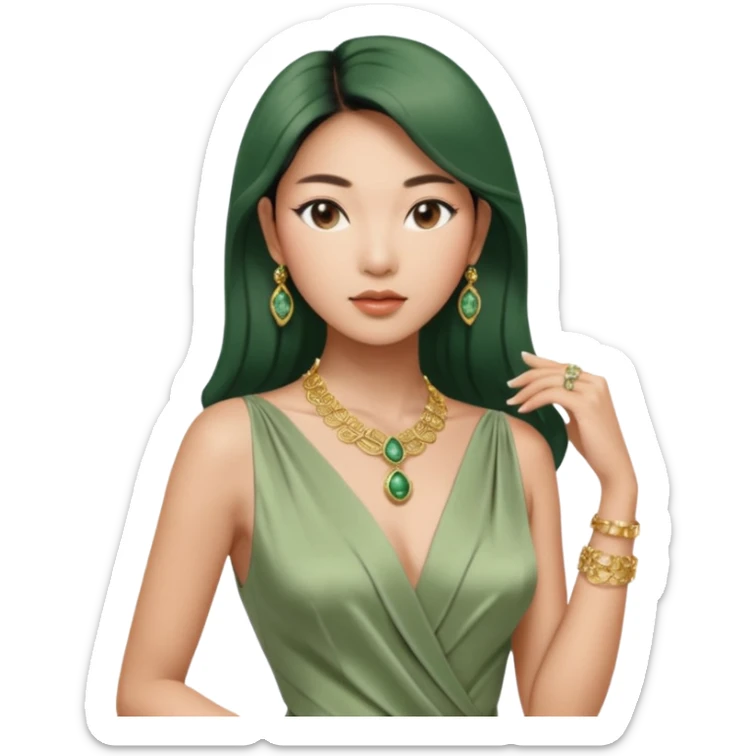 Aesthetic rich Asian woman in sage green Versace dress and Cartier jewelleries, 3/4 view sticker