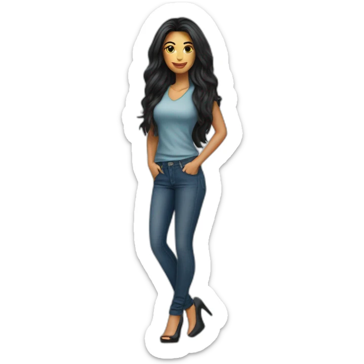 Brazilian Woman with long black hair dressing jeans with Tshirt in high heels sticker
