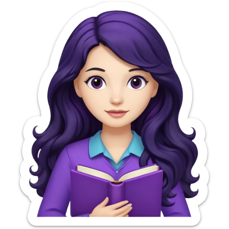 Long Hair Women with purple Book, Black wavy hair sticker