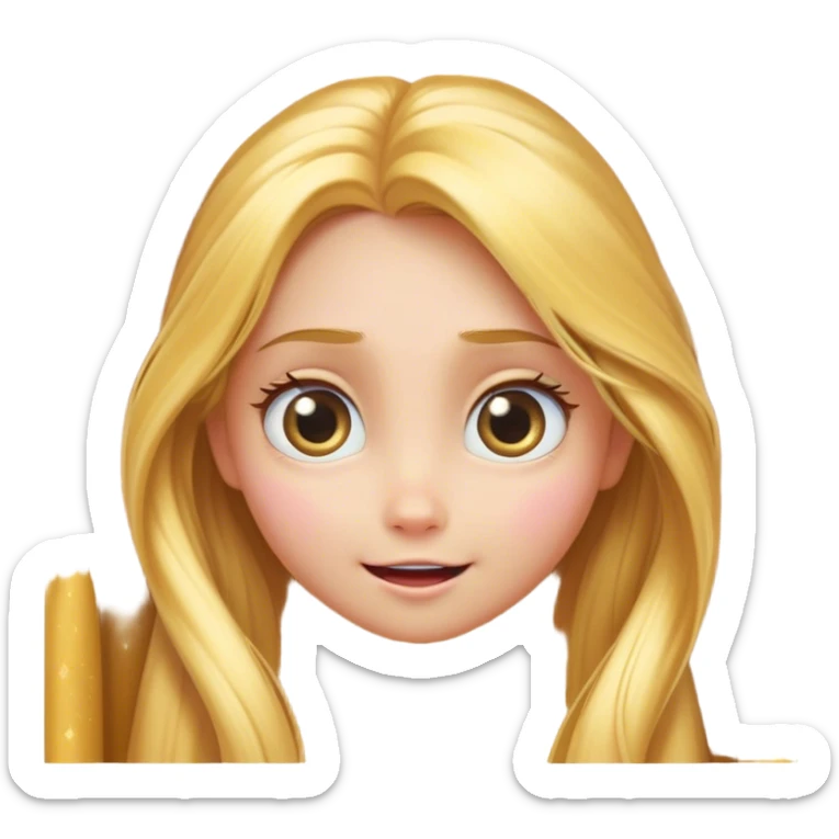 Cinematic Adorable Rapunzel Portrait Emoji, Playfully peeking out from behind a curtain of hair, big sparkling eyes, cheeks flushed with excitement, exuding charm and innocence, an absolute delight! sticker