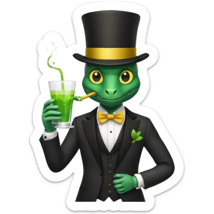 snake wearing suit, bowtie and top hat, holding a glass of green drink sticker
