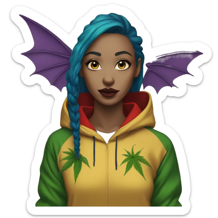 420 Lady with brunette and blue hair, hemp, gold, green dragon wings, maroon hoodie, 420, black and gold Nike t shirt, and bright red eyes sticker