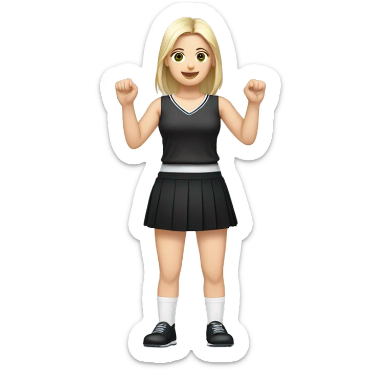 Front view full body caucasian beauty sitting straight hands up black skirt white knickers white socks sticker