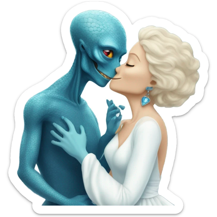 White man in blue dress hugs and kissing Alien reptilian woman in white dress  sticker