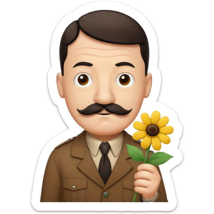 Adolf Hitler as a Mr. Men character, funny and cartoonish, with a small mustache and a silly expression, wearing a brown shirt and holding a flower sticker