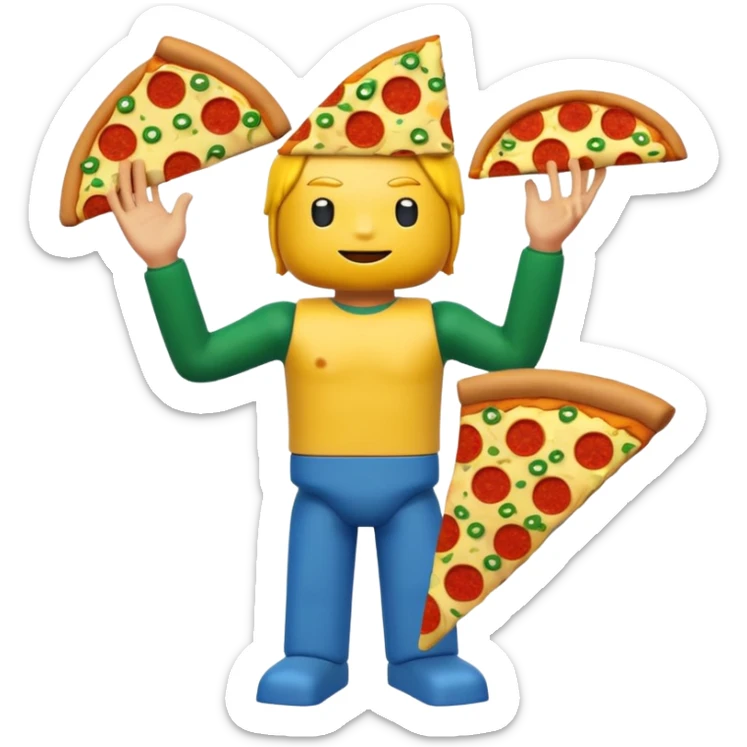 A roblox avatar yellow head arms blue troso green legs and a whole pizza on his head sticker