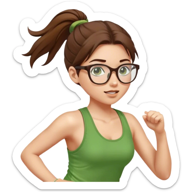 pretty girl white glasses brown hair in a ponytail green tank top running sticker