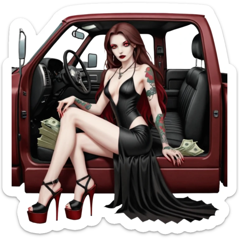 Lilith symbol red eye seductress evil long brown haired sexy succubus woman with leather long dress with slit, sitting in Big Large F350 pickup truck. Black Platform high heels on feet. Tattoo sleeve arms, seat full of stacks of cash, and a man dead human skull of her enemies and a gun in other hand sticker