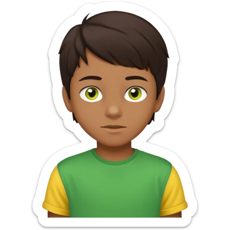 A portrait of a 14-year-old boy, he's got dark-brown hair, brownish skin and green hazel eyes. he's wearing a t-sirt with yellow sleeves. sticker