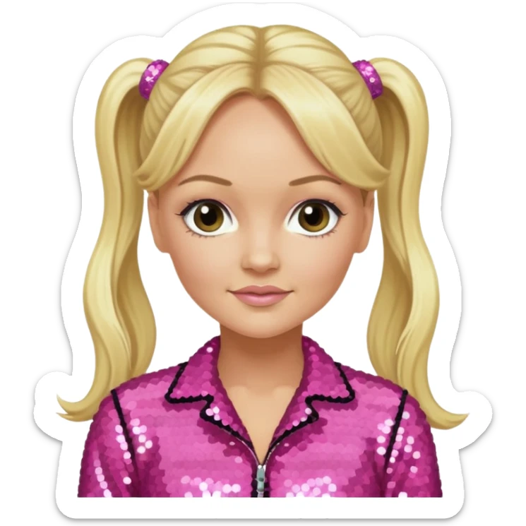 Emma Bunton from Spice Girls with long blonde two high ponytail hair, pink sequin outfit sticker