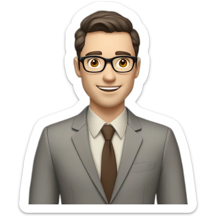 Pale skinned fit man with dark brown hair in gray jacket, beige office shirt, brown tie, brown pants and vintage glasses Writing text on a marker board sticker