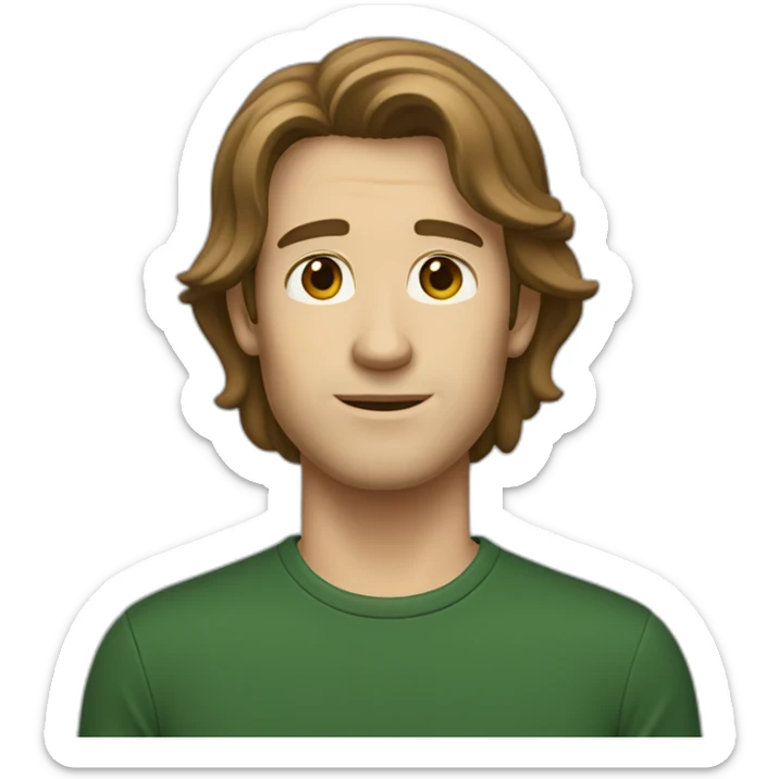 tall skinny white guy with shoulder length brown hair and dark green t-shirt sticker