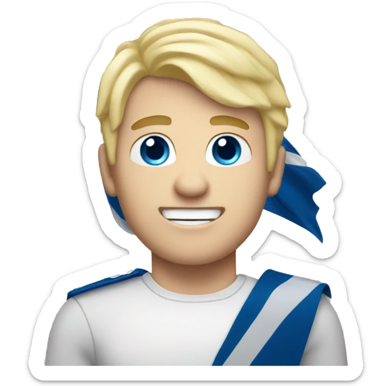 Male with blonde hair and blue eyes waving hand smiling with a Scotland flag sticker