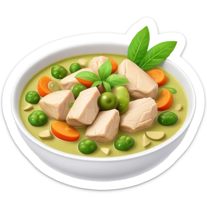 Green Chicken Curry Cinematic Realistic Green Chicken Curry Dish Emoji, depicted as tender chicken chunks simmered in a fragrant green curry sauce with vegetables, rendered with vivid textures and dynamic, vibrant lighting. sticker