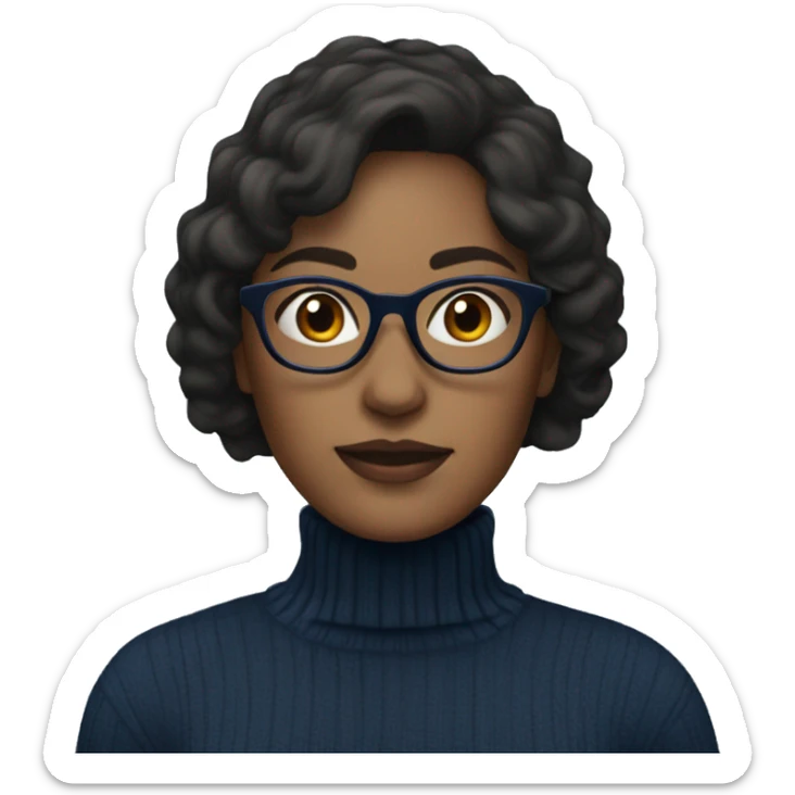 Woman with long, dark brown hair and glasses wearing a dark blue turtleneck  sticker