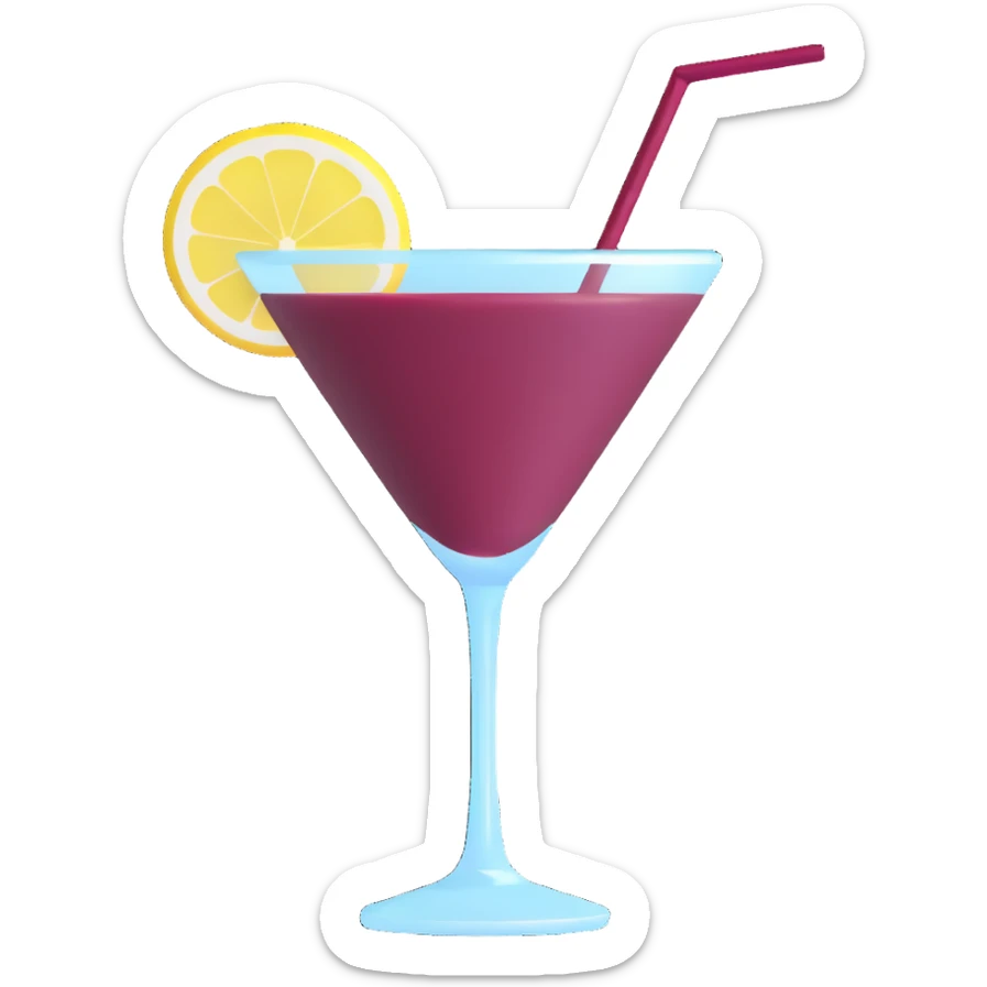 3D emoji style cocktail glass with burgundy drink and a lemon twist garnish sticker