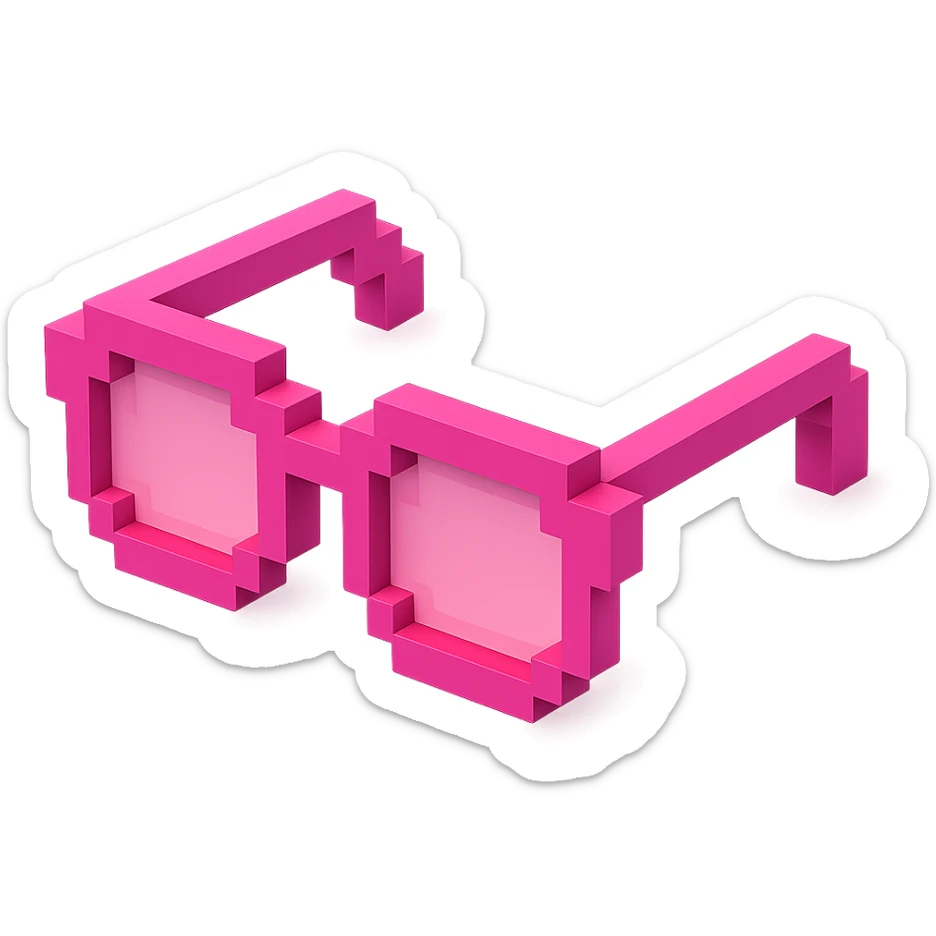 Voxel-style pink glasses with pink lenses, no background, following the silhouette from the reference image, with a different shape. sticker