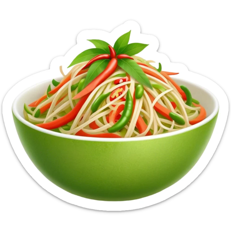 Cinematic Realistic Som Tam (Papaya Salad) Dish Emoji, featuring a spicy, tangy salad of shredded green papaya with chili and lime rendered with crisp textures and bright, lively lighting. sticker