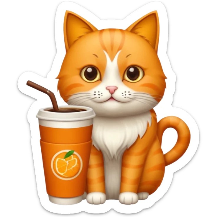 Gato naranja tomando café frio con un popote tomando el popote con sus patitas sticker