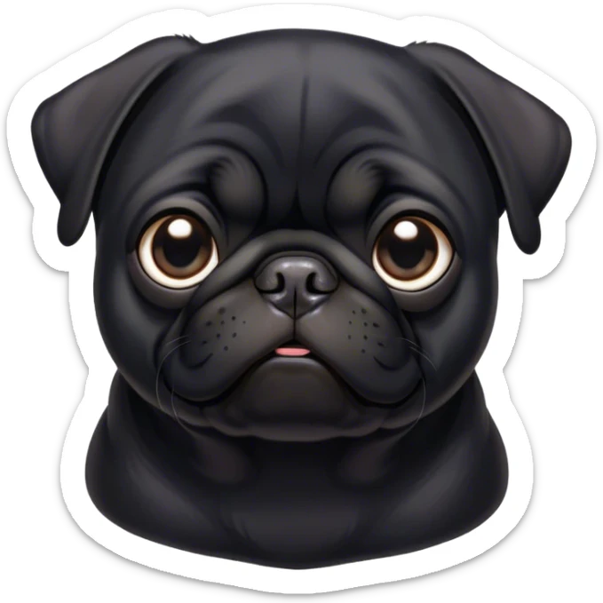 Cinematic Noble Black Pug Portrait Emoji, Poised and regal, with a compact, sturdy build and a sleek, shiny pure black coat, deep-set soulful dark eyes, Simplified yet sharp and sophisticated features, highly detailed, glowing with a soft, dignified glow, high shine, intelligent and spirited, stylized with an air of confidence, focused and attentive, soft glowing outline, capturing the essence of a watchful and commanding companion, so majestic it feels as though it could prance out of the screen with effortless authority! sticker