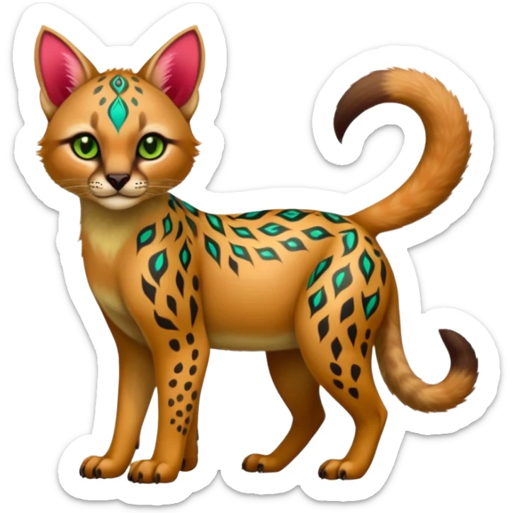 Colorful cute adorable tropical exotic fruity kiwi-green lemony rosy neon-red Caracal-Cheetah-Civet-Trico-fusion-hybrid-animal-creature, full body, with tribal tattoos sticker