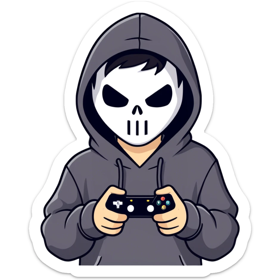 Cool coy kid with black hair playing video games and wearing a black hoodie with ghostface  sticker