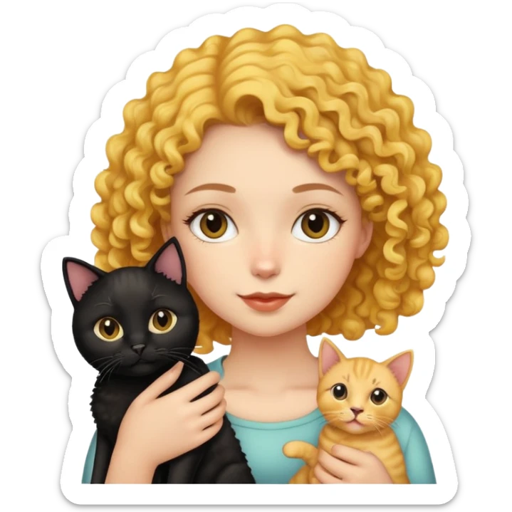The girl is holding a black cat, a yellow shorthair cat, and a curly-haired dog sticker