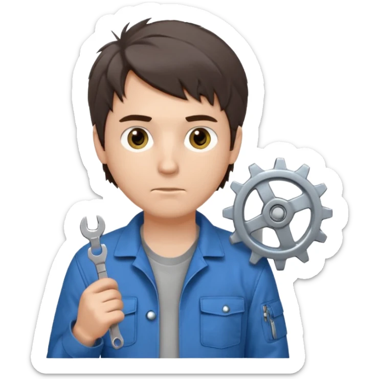 Calm and independent male technician, fair skin, short tousled dark brown hair, cool gray eyes, serious but composed expression, wearing a blue work jacket over a grey t-shirt, holding a wrench in one hand and a mechanical gear in the other, waist-up, front-facing sticker