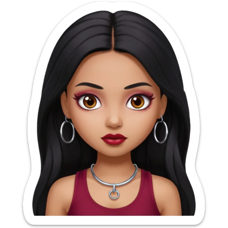 a pretty bratz girl with long black hair, kajal under eyes, small silver hoop. Dark cherry red tank top on.  sticker