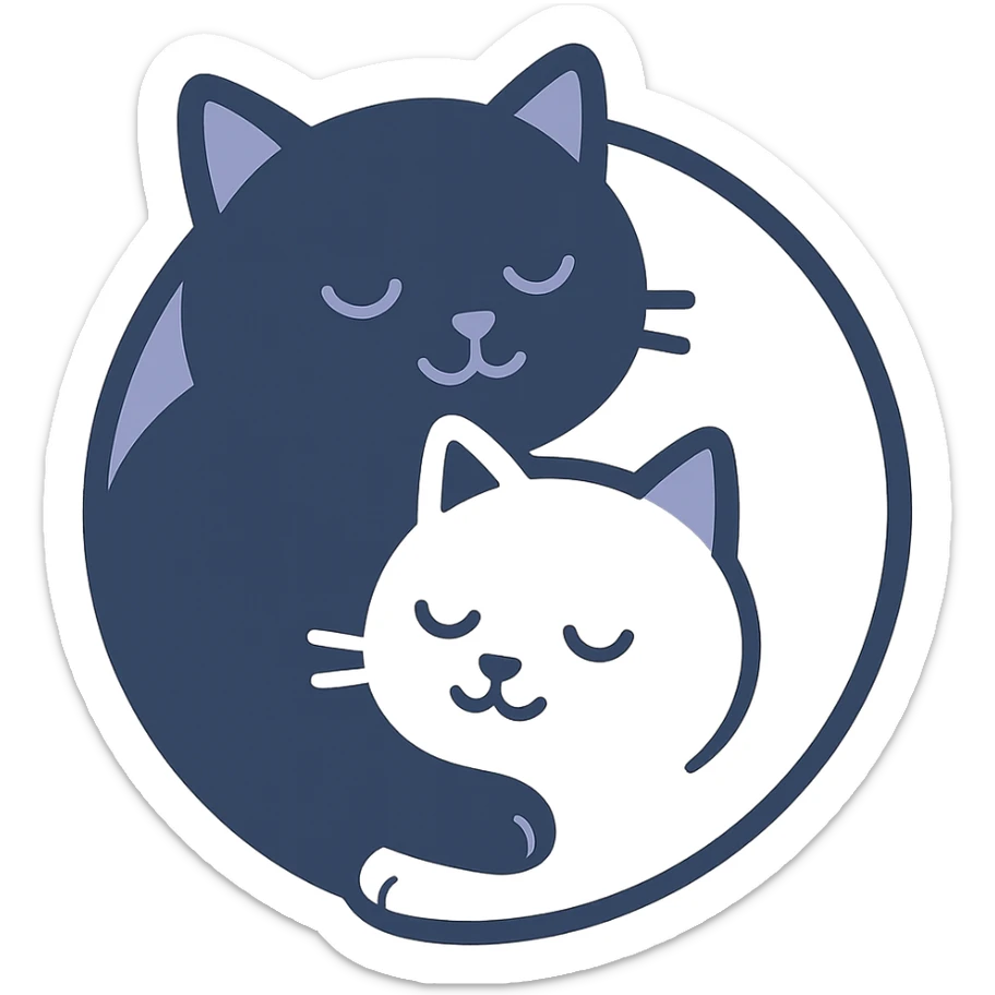 yin-yang symbol made of a black cat and a white cat, curled up together, peaceful expression, stylized, clean lines, minimal background sticker