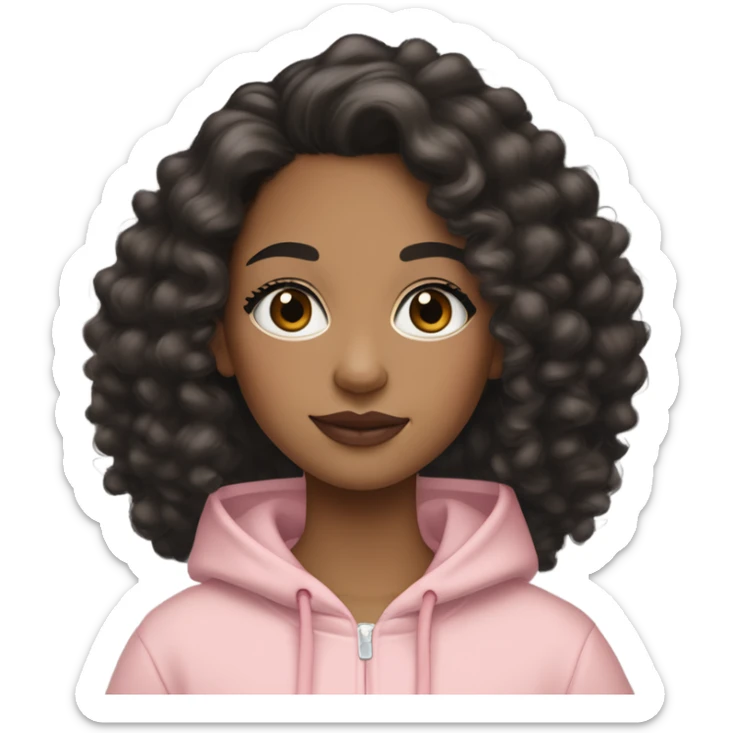 A mixed-race girl with medium-length black a bit loose curly hair, with makeup including concealer, mascara, noticeable blush, and a lip look featuring a light brown lip liner blended with a soft pink shade. She’s dressed in a black Nike hoodie. sticker