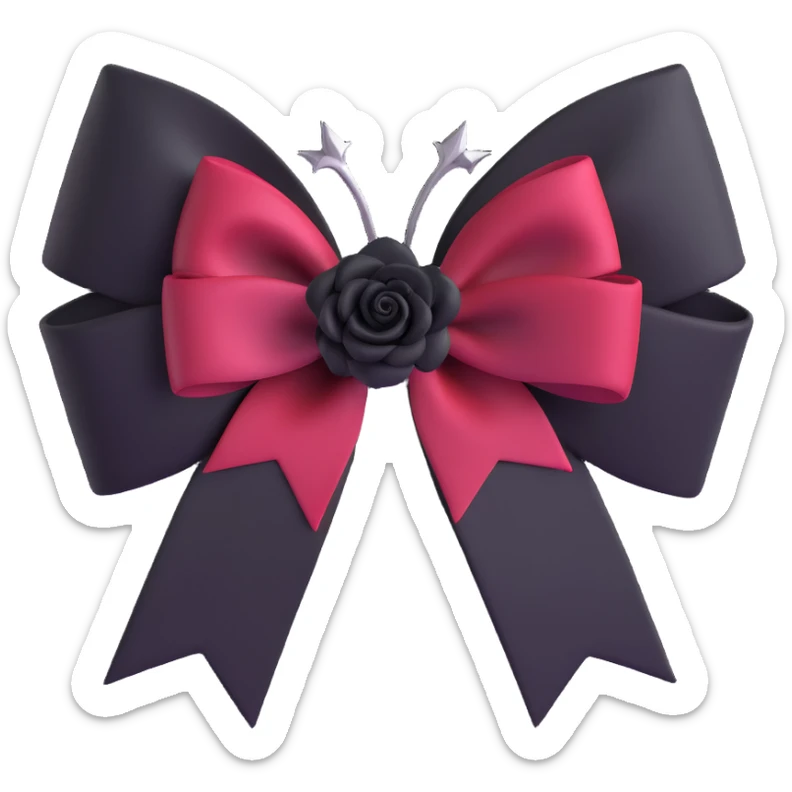 3D emoji gothic bow, dark crimson satin, black rose center, and silver thorn accents sticker