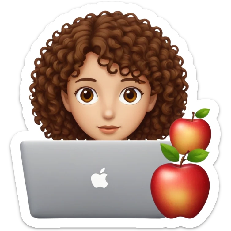 person with brown eyes and short-medium brown curly hair peeking over an Apple laptop sticker