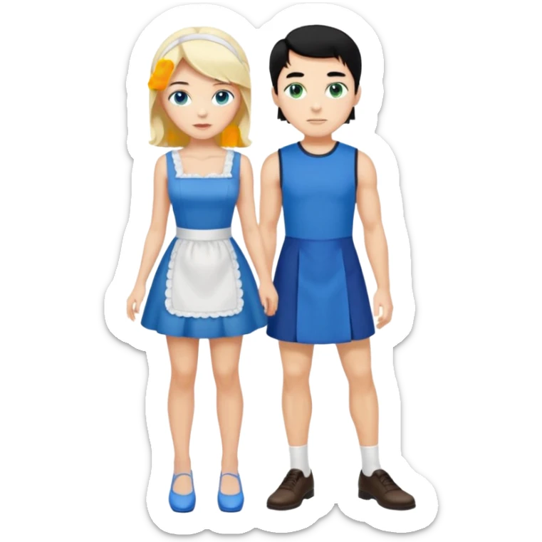 King, black hair, body, legst, blue eyes, blue garmont,  shoes, blonde maid, green eyes, sexy short sleveless White dress, shoes sticker