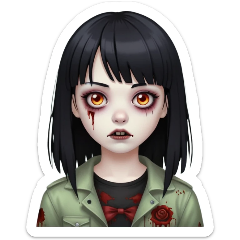 uma menina zumbi com cabelo preto e liso e uma franja. ela tem um estilo meio emo sticker