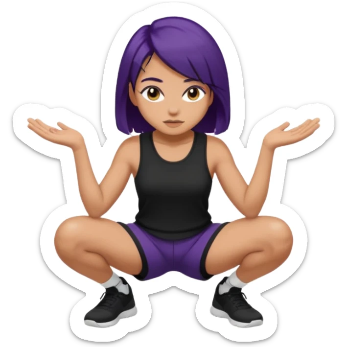 Cabelo roxo escuro grande fazendo agachamento com uma blusa grande preto e short preto sticker