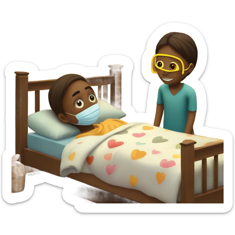Two children, sick, each in their own bed, wearing masks, one Boy, one girl,, at home, get well soon sign with yellow heart sticker