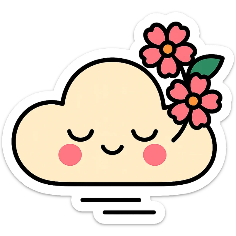 feminine adult vanilla cloud doe with rosy cheeks and cherry flowers, floating gracefully, minimalist style, brand identity, social media sticker