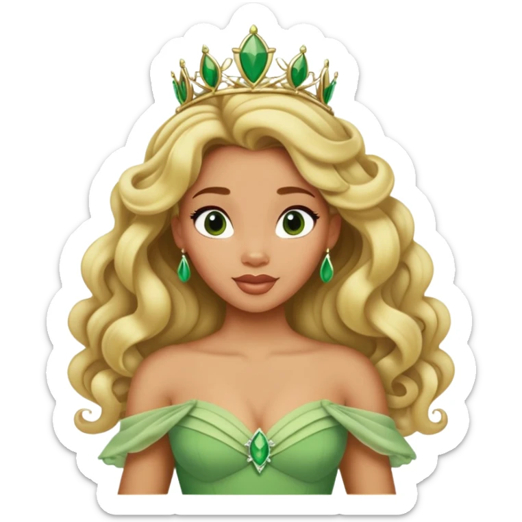 Disney Princess Tiana with extremely long blonde curly hair, green dress sticker