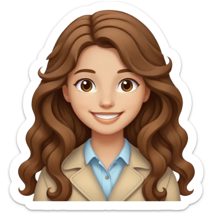 Girl with long brown wavy hair, beige skin, with smile and aesthetic clothes sticker