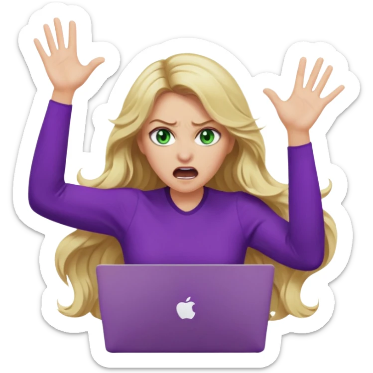 lady with long wavy blonde hair, purple top, green eyes, throwing her with a purple mac laptop hands in the air screaming, looking angry sticker