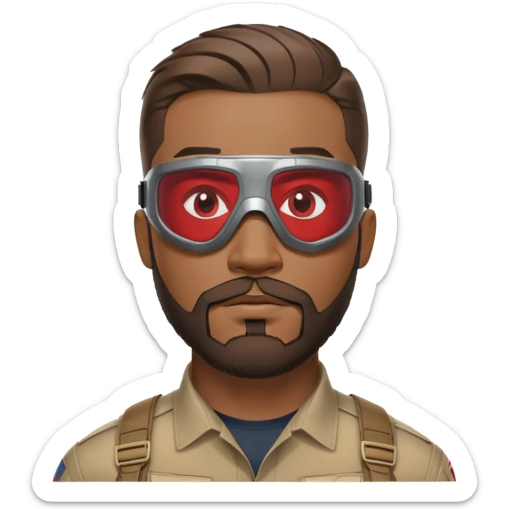 sam wilson with a close to the scalp hair  and  a well-groomed beard that connects to his mustache,  wear sleek, red-tinted tactical goggles fit snugly from captain america: civil war sticker